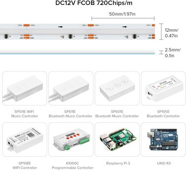 Гнучка світлодіодна стрічка високої щільності COB WS2811 IC світлодіодна стрічка 5M 630 світлодіодів/м 14 Вт/м DC24V IP30 Карбування кольору Прикраса своїми руками (не контролер вмісту та блок живлення) (Біла друкована плата, DC12V 5M 720 світлодіодів/м)