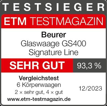 Ваги Beurer GS 400 білі Signature Line, з великим протектором із супербезпечного скла, стильним чорним дисплеєм у форматі XL та вантажопідйомністю до 200 кг (чорний, 31 x 31 см)