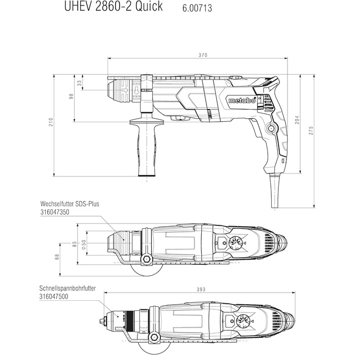 Перфоратор Metabo UHEV 2860-2 Quick - 600713500 - Перфоратор для ударного свердління, свердління на двох передачах і довбання - довжина кабелю 4 м