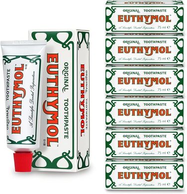 Оригінальна зубна паста Euthymol 75ml x 6, Зубна паста без фтору, Антизубний наліт, Антибактеріальна, Захист від карієсу, Свіжа м'ята, Щоденний догляд за зубами, Чистота для зубів і ясен Зубна паста 75 мл (6 упаковок)