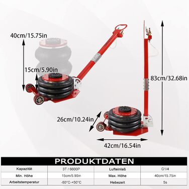 Тонний пневматичний домкрат 6600 LBS Пневматичний домкрат Повітряний домкрат для сімейних легкових автомобілів Вантажівка - Червоний, 3-