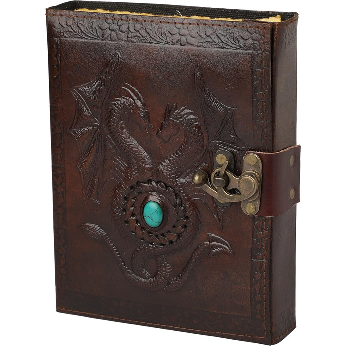 ПЕРЕДОЗУВАННЯ Deckle Double Dragon with Stone Leather Journal - Дорожній журнал для чоловіків і жінок Ескізи Щоденник Книга тіней Вінтажний папір ручної роботи Deckle Edge Paper - 6x8 дюймів 15 х 20 см A5 A5 Унікальний, вінтажний