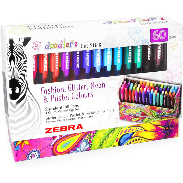 Гелеві ручки Zebra Doodler'z, 1,0 мм, модні, блискучі, неонові та пастельні кольори, подарункова коробка з 60 ручок