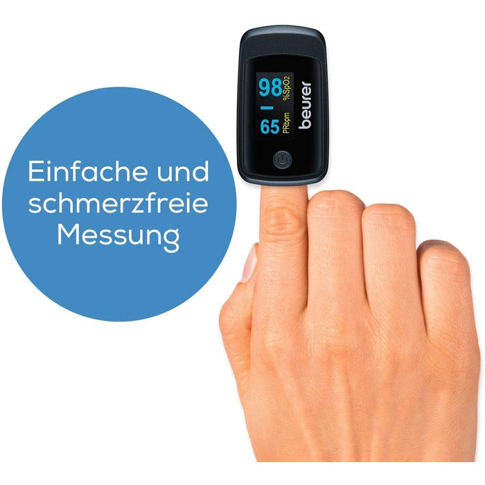 Пульсоксиметр Beurer PO 40, вимірювання насичення крові киснем (SpO), частоти серцевих скорочень (пульсу) та індексу перфузії (PI), безболісне нанесення, кольоровий дисплей, (чорний, одинарний)