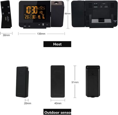 Метеостанція HJRUIUA з цифровим проекційним будильником, з зовнішнім датчиком DCF, зовнішня температура в приміщенні, прогноз погоди, час, функція повтору, 8 кольорів підсвічування з можливістю перемикання