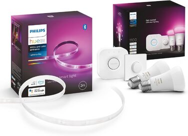 Стартовий набір Philips Hue White & Color Ambiance E27 з 2 предметів в комплекті Hue Bridge 2m Lightstrip Base, 2x806 лм, до 16 мільйонів кольорів, з можливістю затемнення, керування через додаток, сумісність з Storeo Alexa (Echo, Echo Dot)