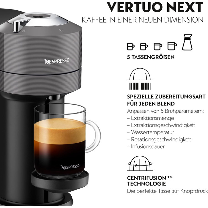 Кавова капсульна машина Nespresso De'Longhi ENV 120.GY Vertuo Next, 1500 Вт, 1,1 л, 42,9 x 14,2 x 31,9 см, сіра без піноутворювача молока