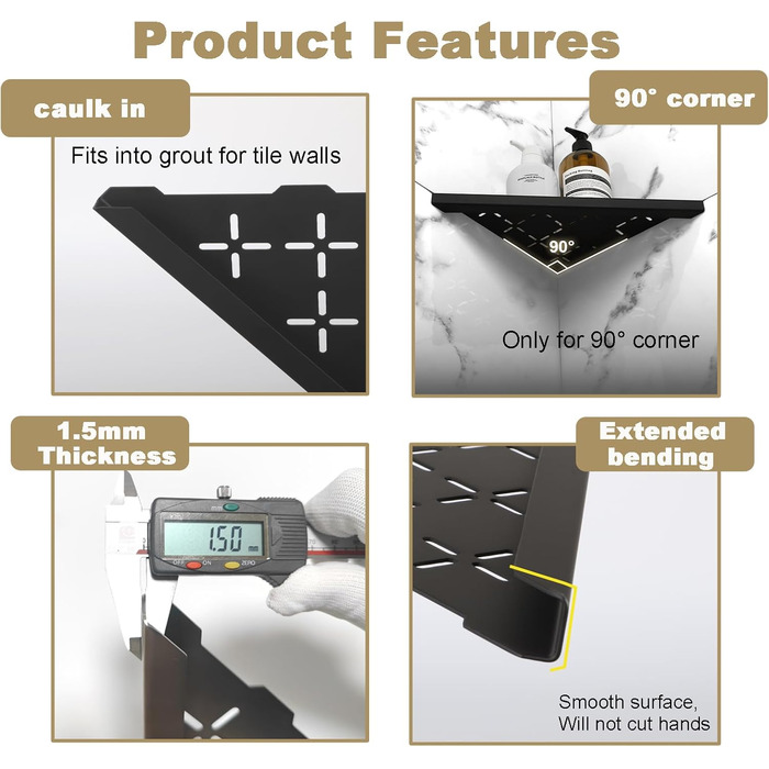 Кутова душова полиця Xiarnotogi, 25,4 см, полиці для ванної кімнати для кахельних стін, нержавіюча сталь SUS304, вбудована, плаваюча, органайзер для душу, кутові полиці, без свердління, матовий чорний, 2 шт. и 10 Matt Black
