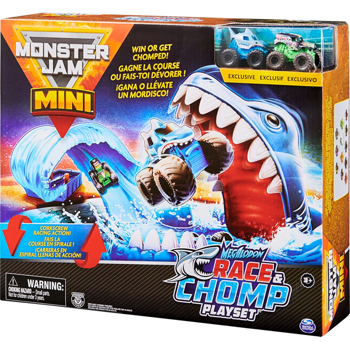 Ігровий набір Monster Jam, Mini Megalodon Race та Chomp з 2 міні-вантажівками у масштабі 187, іграшка-монстр-трак для дітей віком від 3 років і старше