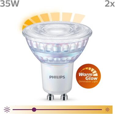 Лампи Philips LED Classic GU10 Warm Glow (50 Вт), світлодіодні плями з рефлектором із регулюванням яскравості та теплим білим світлом, енергозберігаючі лампи з тривалим терміном служби (35 Вт, 2 упаковки, Warmglow Dimmable)