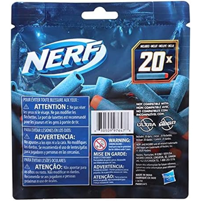 Включає 20 офіційних дротиків Nerf Elite 2.0, сумісних з усіма бластерами Nerf Elite, 2.0 20-Dart Refill Pack -