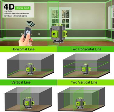 Перехресний лазерний зелений 4 x 360 градусів, зелений лазер 16 ліній, лінійний лазерний перехресний лазерний вирівнюючий пристрій будівельний лазер для внутрішнього і зовнішнього будівельного майданчика, 2 * батареї, пульт дистанційного керування (чорний