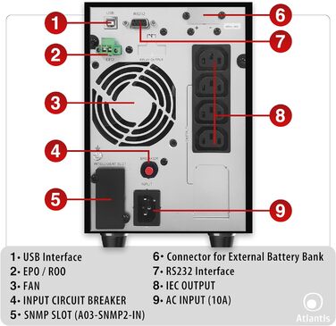 ДБЖ Atlantis A03-OP1502P PRO PRO UPS OnLine Сервер з подвійним перетворенням чистої синусоїди 1500 ВА 1350 Вт, вежа, РК-дисплей, USB, послідовний RS-232, 4 виходи IEC, слот SNMP, 3x12V-9Ah