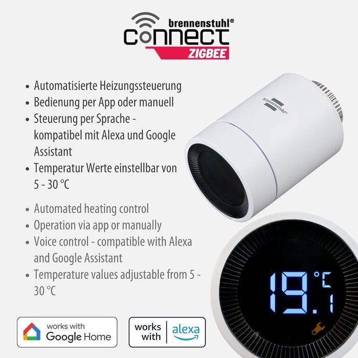 Радіаторний термостат Brennenstuhl Connect Zigbee HT CZ 01 (розумний термостат Zigbee для економії енергії, сумісний з Alexa та Google Assistant, інтелектуальне керування опаленням через додаток, розумний дім)