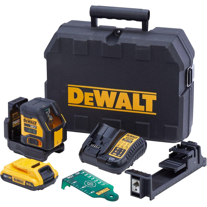 Акумуляторний лінійний лазер Dewalt 18В зелений DCLE34021D1 (компактний лазер, самовирівнювання, точність /- 0,3 мм/м, сумісний з акумуляторами 18В XR, в комплекті акумулятор та зарядний пристрій, кейс, тримач, мішень)