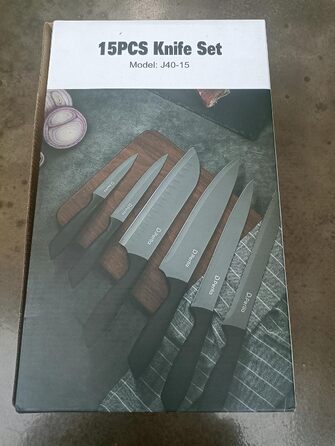 Набір ножів, Набір ножових блоків D.Perlla з 15 предметів з дерев'яним бруском, Чорний набір кухонних ножів з дерев'яним бруском, Набір блоків ножів з антипригарним покриттям, Німецький набір кухонних ножів з нержавіючої сталі з кухарським ножем
