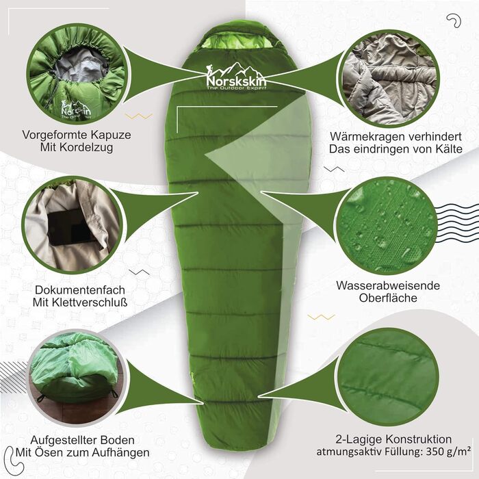 Легкий спальний мішок Norskskin 4 сезони від 0C до -23C - довгий спальний мішок для мумії (230 x 82 см) - водовідштовхувальний спальний мішок на відкритому повітрі з відділенням для подушки на блискавці зліва