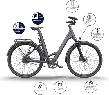 Електричний велосипед ADO E-Bike Air 28, педальний ремінний привід, 28 дюймів, датчик крутного моменту, 1 передача, задній двигун, акумулятор 345.00 Вт-год, ebike жіночий/чоловічий, багажник, лампа синього кольору