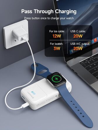 Для Apple Watch & для iPhone Зарядний пристрій 20000mAh Бездротова зарядна станція Power Bank, швидка зарядка Зовнішній акумулятор Портативний дорожній акумулятор для iPhone 15/14/13/12, для iWatch Ultra/9-1