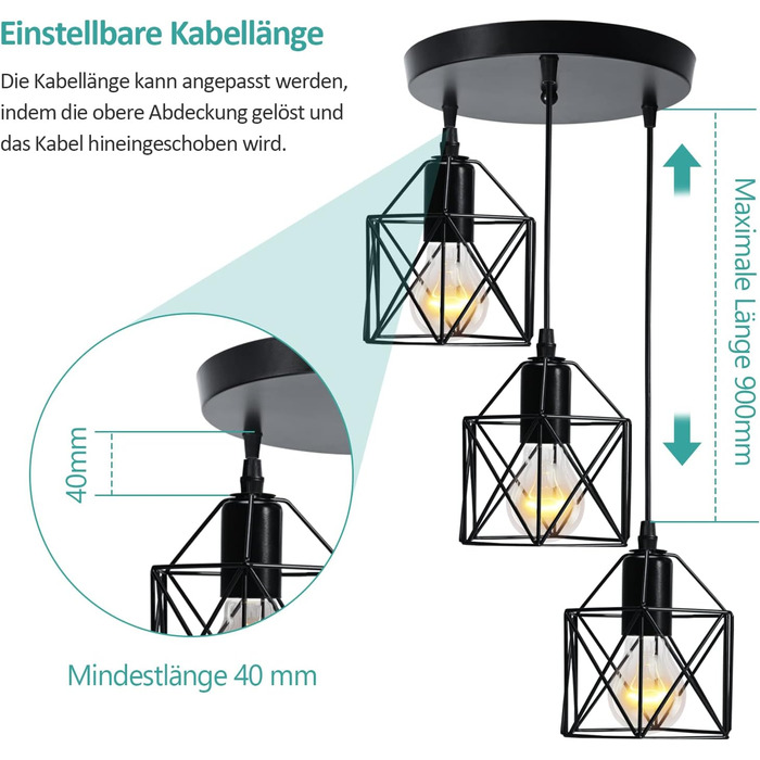 Підвісний світильник EMKE Vintage 3 Полум'я Ретро підвісний світильник Стельова люстра Металевий абажур E27 Чорний, підходить для вітальні, їдальні та спальні