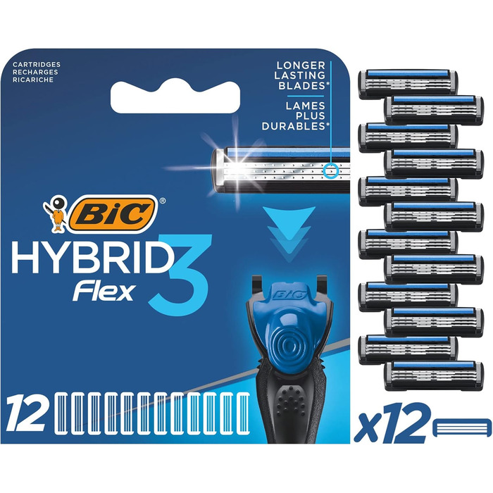 Леза для бритви BIC для чоловіків Razor Hybrid 3 Flex, 12 заправних пакетів для вологої бритви з 3 титановими лезами, 8 заправних лез