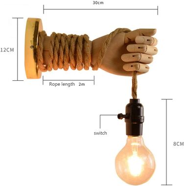 Вінтажний настінний світильник з конопляної мотузки, Креативний настінний світильник з дерев'яною рукою, Сільський настінний світильник для дизайну Креативна дерев'яна рука з конопляною мотузкою (лампочка не входить в комплект), B