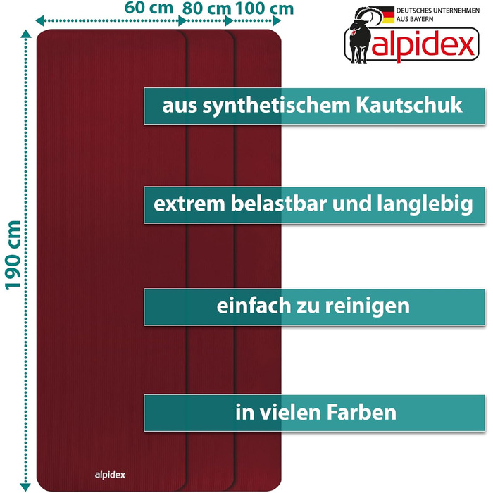 Килимок для йоги ALPIDEX Дуже товстий гімнастичний килимок 1,5 см 3 розміри Нековзний фітнес-килимок без фталатів Ремінь для перенесення Гімнастика Пілатес Спорт Фізіо HiiT Тренувальний килимок для йоги Килимок для сну (Бордо, 190 x 60 x 1,5 см)