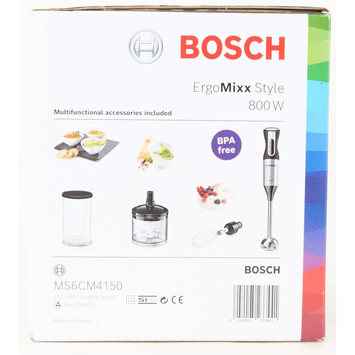 Ручний блендер Bosch ErgoMixx Style MS6CM4150, ніжка блендера з нержавіючої сталі, чашка для змішування та вимірювання, віночок, 4-лезовий ніж, ергономічний дизайн, 12 рівнів плюс турбо, 800 Вт, L-подрібнювач з нержавіючої сталі 500 мл