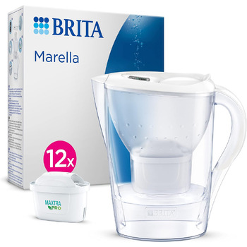 Фільтр для води BRITA Глечик-глечик Марелла білий (2,4 л) в т.ч. 12 картридж MAXTRA PRO All-in-1 (річне постачання) фільтр для води для зменшення вапняного нальоту, хлору, свинцю, міді та речовин, що погіршують смак у воді Неодружений