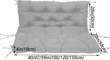 Подушка для садової лавки, водонепроникна, 3-місна, зі спинкою та ременями, товщиною 4 см, подушка для дерев'яної лавки, шезлонг, хакі, 120 x 100 x 10 см