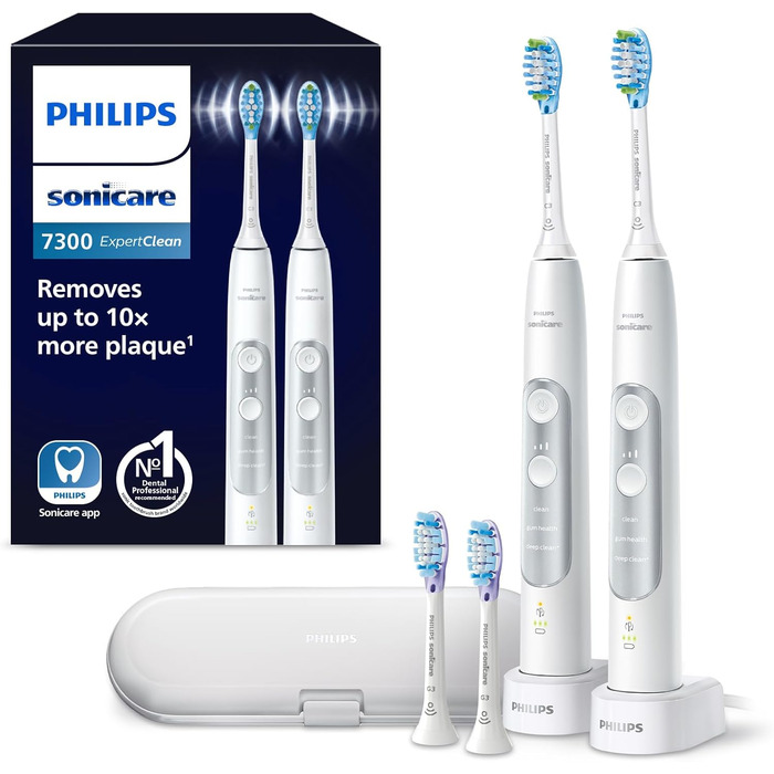 Електрична зубна щітка Philips Sonicare ExpertClean 7300, звукова зубна щітка з додатком, 3 режими чищення та 3 рівні інтенсивності, датчик тиску, дорожній футляр, сріблясто-білий, 2 упаковки, модель HX9611/19