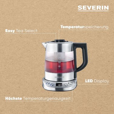 Скляний чайник SEVERIN Mini Deluxe (1,0 л води / 0,75 л чаю), чайник з регульованою температурою і часом заварювання, скляний чайник з попередньо встановленими чайними програмами, 2 200 Вт, WK 3473 Single