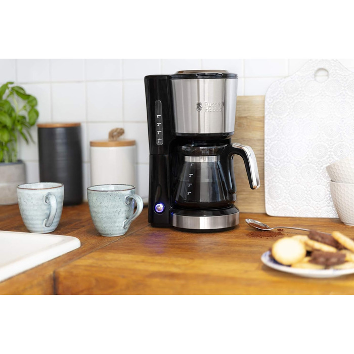 Кавоварка Russell Hobbs Mini душова лійка для оптимальної екстракції та аромату Компактна (макс. 5 чашок, скляний глечик 0,6 л, з постійним фільтром, нагрівальна плита) компактна кавоварка з фільтром мала 24210-56 Міні-кавоварка одинарна