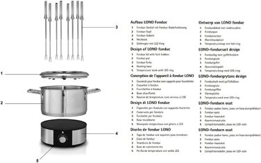 Набір фондю WMF Lono на 8 осіб, фондю електричне, 1400 Вт, регулювання температури, тримач для вилки, індукційний горщик 1,2 л, гаряча каструля, матова нержавіюча сталь