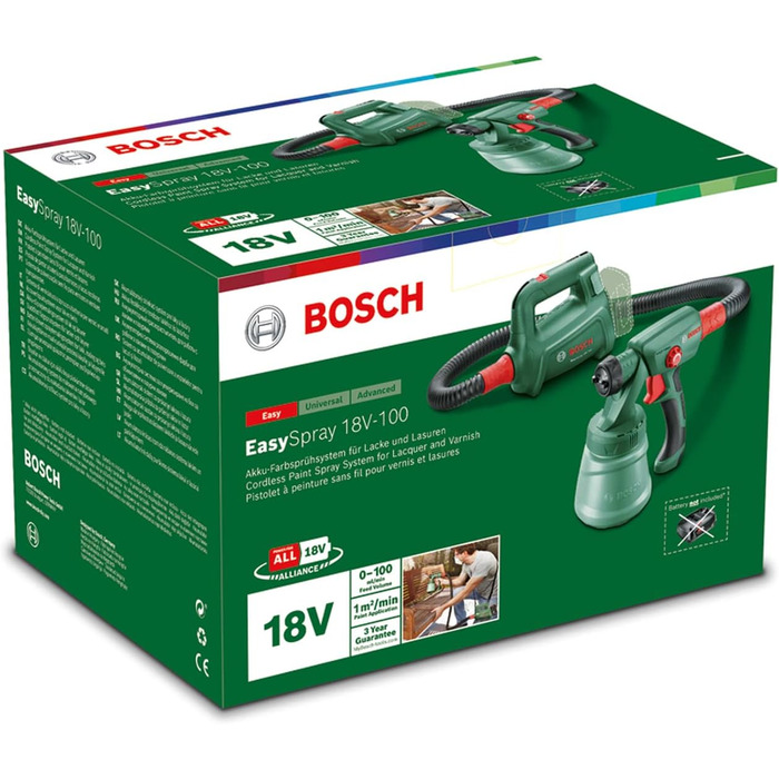 Акумуляторний фарборозпилювач Bosch EasySpray 18V-100 (без акумулятора, системний, для лакофарбових матеріалів, швидкість подачі 0-100 мл/хв, ємність 800 мл, в коробці)