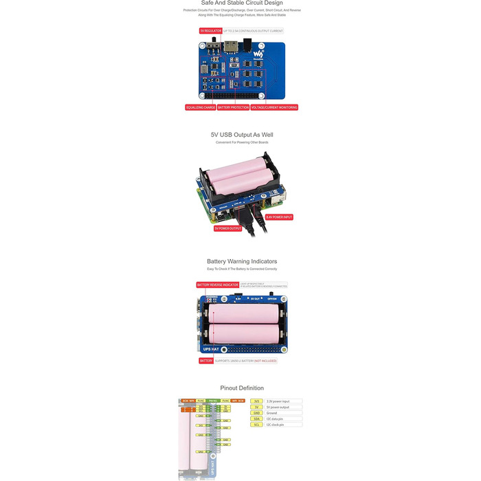 ДБЖ HAT для плат серії Raspberry Pi підтримує безперебійне джерело живлення 5 В, заряд і вихідну потужність одночасно, моніторинг у реальному часі