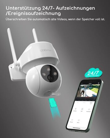 Камера відеоспостереження COOAU 2K Outdoor, PTZ WLAN Camera Outdoor IP WiFi Camera Surveillance Outdoor з автоматичним відстеженням людей, записом 24/7, кольоровим нічним баченням, IP66, SD-картою/хмарним сховищем