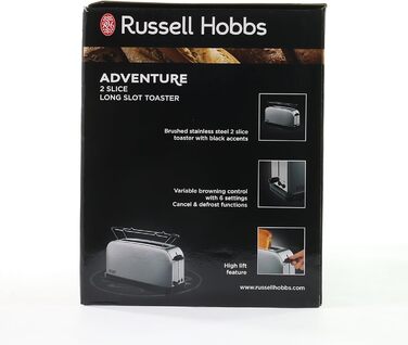 Тостер Russell Hobbs довгий слот для 2 скибочок / 1 широкий шматок хліба Adventure з нержавіючої сталі (дуже широкий слот для тостів, включаючи насадку для булочки, 6 рівнів підрум'янювання функція розморожування, 1000 Вт) 21396-56