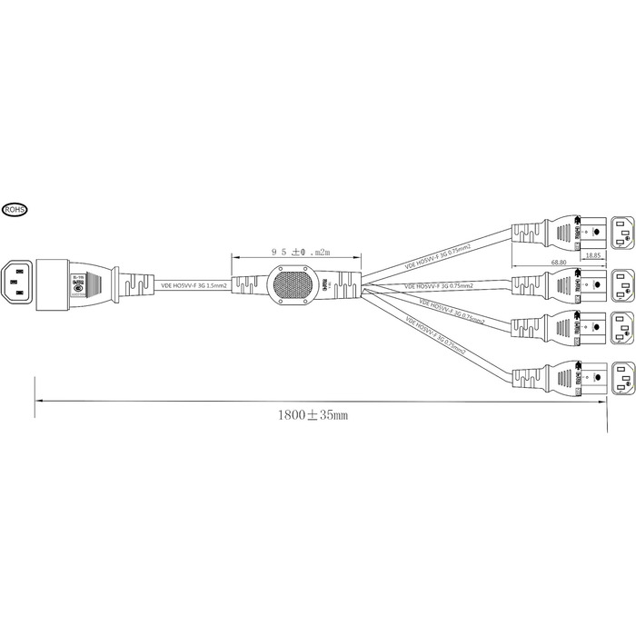 Кабель HT ДБЖ PDU Комп'ютерний ПК Кабель розподілу живлення C14 до 4 x C13 10A 250V Подовжувач (1,8 м)