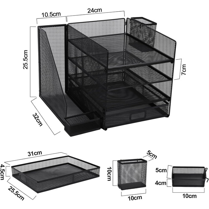 Столичний лоток MUUKAIII сітчастого дизайну для документів формату A4, 3-рівневі лотки для документів, 1 органайзер для дрібних деталей і 1 тримач для ручки, органайзер для зберігання сітки на столі з лотком для документів канцелярського приладдя