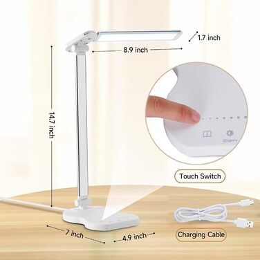 Настільна лампа LED, настільна лампа 5 кольорів і 10 рівнів яскравості, настільна лампа з сенсорним управлінням Офісна лампа з функцією пам'яті, автоматичний таймер 45 хвилин, функція зарядки USB Світло для читання для домашнього офісу білий