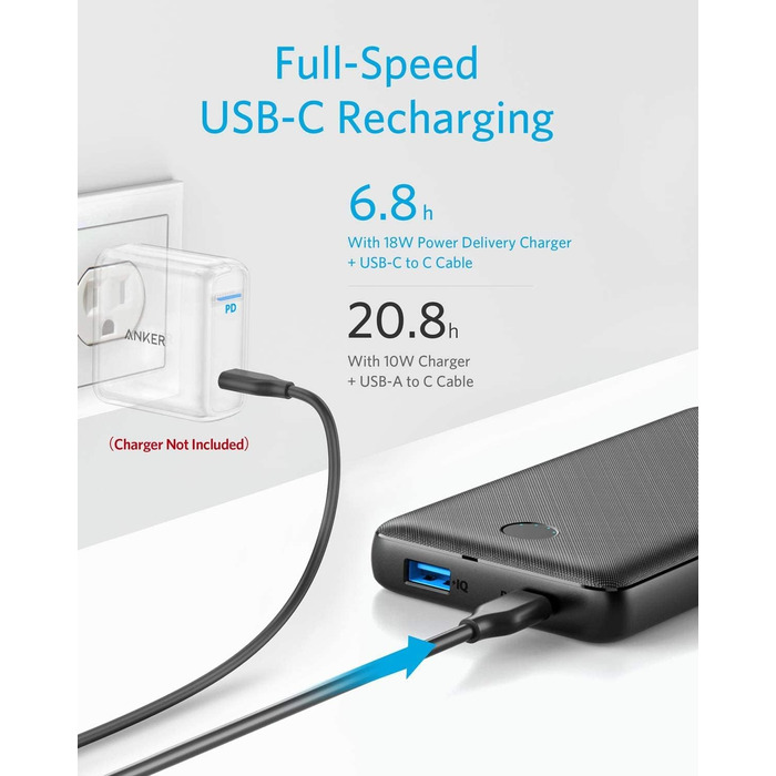 Портативний зарядний пристрій Anker USB C, акумулятор PowerCore Essential 20000 PD (20 Вт), акумуляторна батарея високої ємності 20000 мАг для iPhone 14/15//15 Pro/15 Pro Max/X, Galaxy (зарядний пристрій PD не входить)