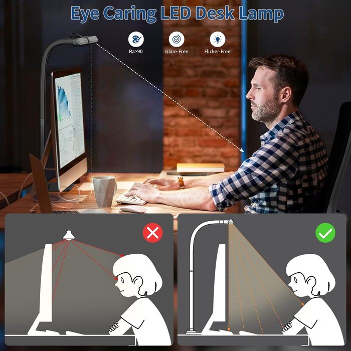 Настільна лампа KableRika LED з регулюванням яскравості, ультраяскрава робоча лампа для захисту очей 1200 лм 80 см з металевою основою, офісна настільна лампа з гусячою шиєю 24 Вт для домашнього офісу, лампа для монітора з 6 колірними режимами, автоматичн