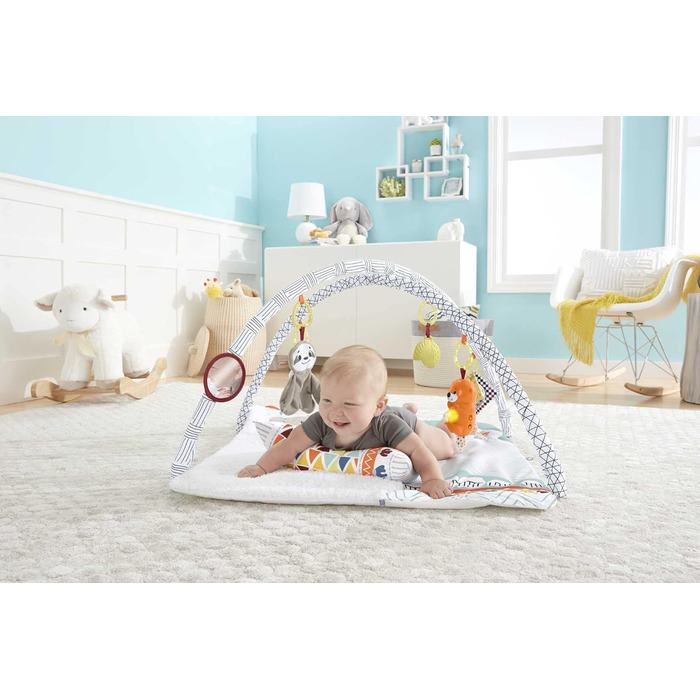 Чуттєва дитяча ігрова ковдра Fisher-Price HBB74-5, м'який ігровий килимок із сенсорними іграшками, шість знімних іграшок для активності, дитяче обладнання від народження (стандартна упаковка)