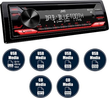 Автомагнітола JVC KD-DB622BT CD з системою гучного зв'язку DAB і Bluetooth (звуковий процесор, USB, AUX-вхід, Spotify Control, 4 x 50 Вт, підсвічування червоної клавіші, без антени) Одинарний