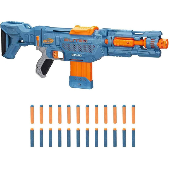 Бластер Nerf Elite 2.0 Echo CS-10 - 24 офіційні дротики Nerf, кліпса на 10 дротиків, знімне ложе та подовжувач ствола, 4 тактичні рейки, різнокольоровий, 6.67 x 68.58 x 31.75 см