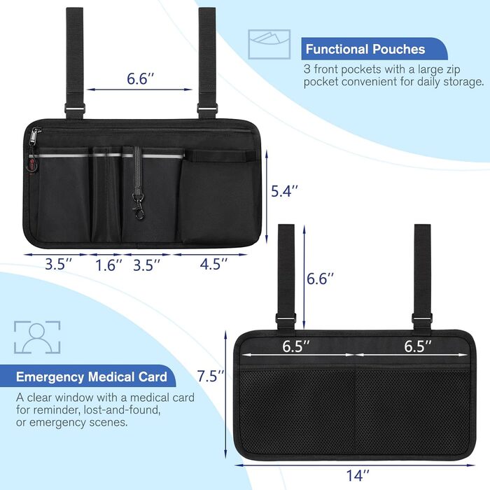 Сумка для інвалідного крісла FINPAC для підлокітника - Сумка для інвалідного візка з тримачем для пляшок Світловідбиваюча смуга Сумка для ходунків, самокатів, роликів, (чорна)