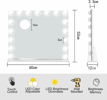 Дзеркало Saimeihome Hollywood зі світлом Дзеркало для макіяжу з 17 світлодіодним підсвічуванням, 3 режими освітлення, сенсорне управління Настільне дзеркало зі світлом Косметичне дзеркало для настільного настінного кріплення - 60x52см Білий 52L x 60B см