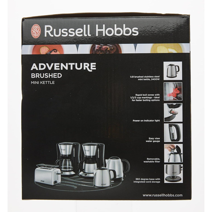 Чайник Russell Hobbs 1,0 л Adventure з нержавіючої сталі (2400 Вт, функція приготування під тиском, знімний фільтр з лаймом, зовнішній індикатор рівня води, маленький туристичний чайник) Чайник для чаю 24991-70 маленький, 1,0 л Нержавіюча сталь полірована