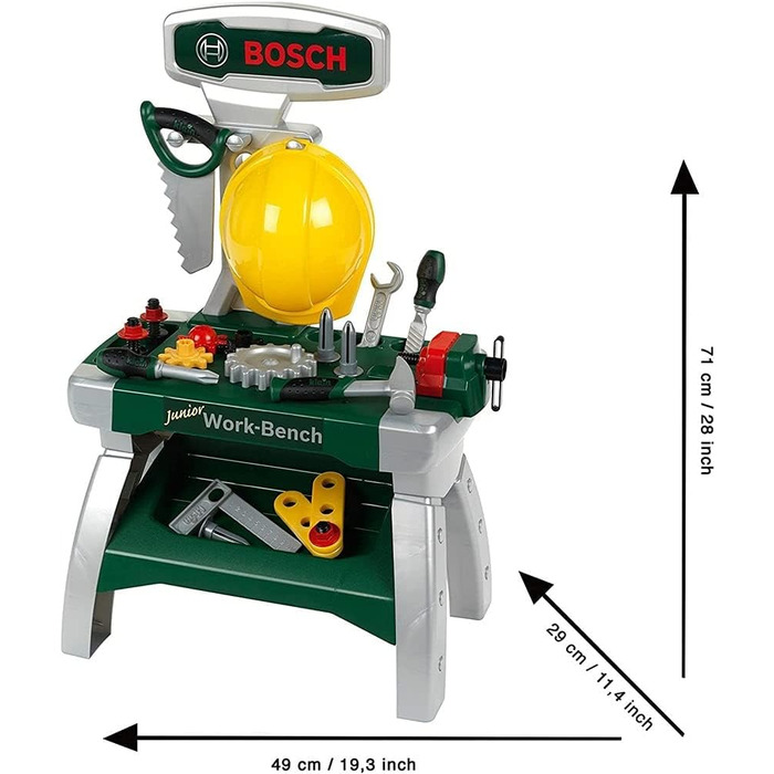 У комплекті шолом, лещата, інструменти, рейки, цвяхи, гвинти та гайки Розміри 49 см x 29 см x 71 см Іграшка для дітей віком від 2 років і старше, 8612 Bosch Workbench Junior 2